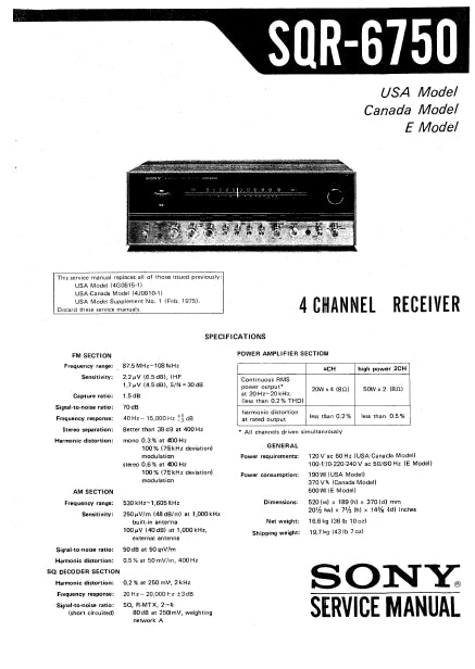 SONY SQR-6750 4 CHANNEL RECEIVER SERVICE MANUAL INC SCHEM DIAGS 44 PAGES ENG