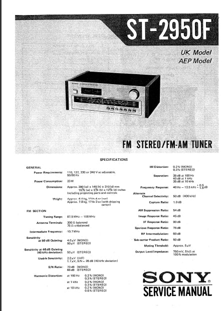 SONY ST-2950F FM STEREO FM AM TUNER SERVICE MANUAL INC SCHEM DIAGS 12 PAGES ENG