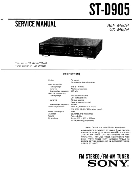 SONY ST-D905 FM STEREO FM AM TUNER SERVICE MANUAL INC SCHEM DIAGS 15 PAGES ENG