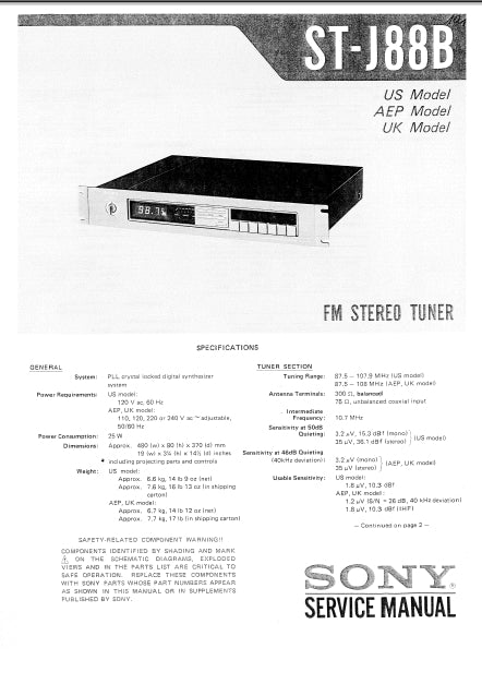 SONY ST-J88B FM STEREO TUNER SERVICE MANUAL INC SCHEM DIAGS 26 PAGES ENG