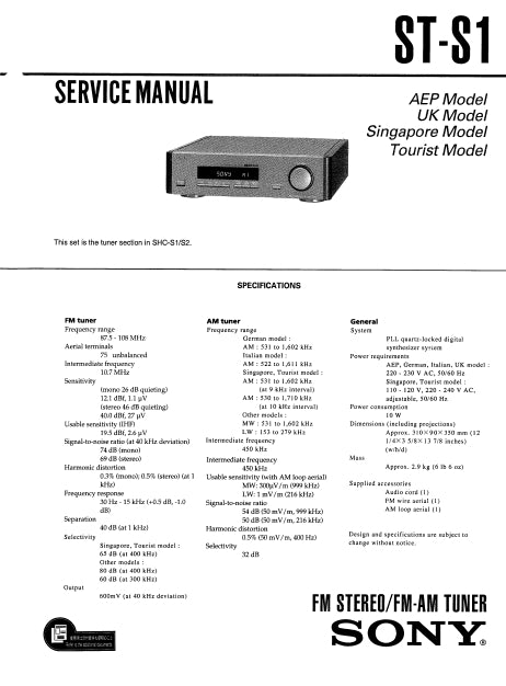 SONY ST-S1 FM STEREO FM AM TUNER SERVICE MANUAL INC SCHEM DIAGS 23 PAGES ENG