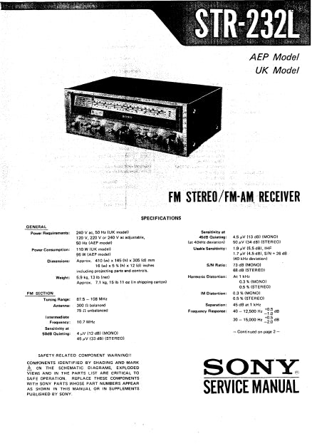 SONY STR-232L FM STEREO FM AM RECEIVER SERVICE MANUAL INC SCHEMATIC DIAGRAMS 21 PAGES ENG