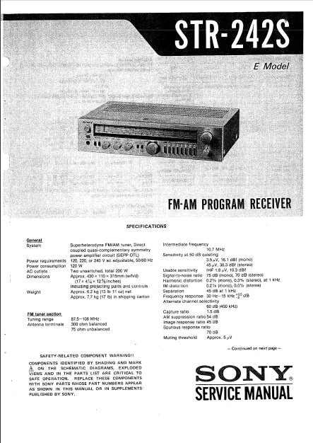SONY STR-242S FM AM PROGRAM RECEIVER SERVICE MANUAL INC SCHEM DIAGS 24 PAGES ENG