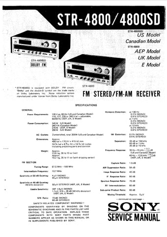 SONY STR-4800 STR-4800SD FM STEREO FM AM RECEIVER SERVICE MANUAL INC SCHEMATIC DIAGRAMS 26 PAGES ENG