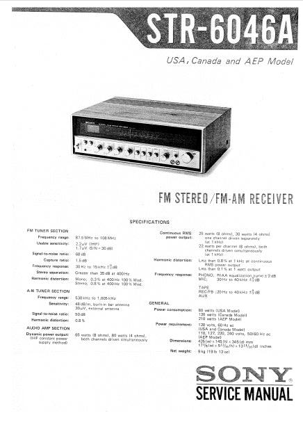 SONY STR-6046A FM STEREO FM AM RECEIVER SERVICE MANUAL INC SCHEMATIC DIAGRAMS 26 PAGES ENG