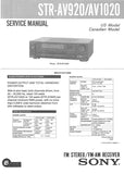 SONY STR-AV920 STR-AV1020 FM STEREO FM AM RECEIVER SERVICE MANUAL INC SCHEMATIC DIAGRAMS 44 PAGES ENG