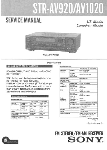 SONY STR-AV920 STR-AV1020 FM STEREO FM AM RECEIVER SERVICE MANUAL INC SCHEMATIC DIAGRAMS 44 PAGES ENG