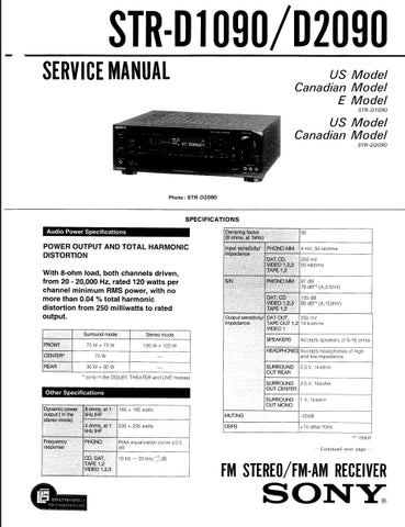 SONY STR-D1090 STR-D2090 FM STEREO FM AM RECEIVER SERVICE MANUAL INC SCHEMATIC DIAGRAMS 57 PAGES ENG