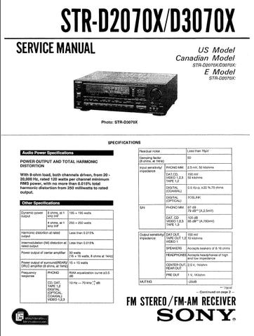 SONY STR-D2070X STR-D3070X FM STEREO FM AM RECEIVER SERVICE MANUAL INC SCHEMATIC DIAGRAMS 52 PAGES ENG