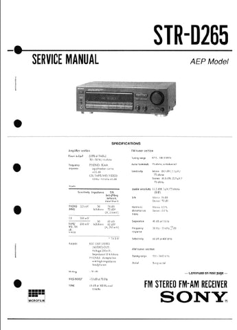 SONY STR-D265 FM STEREO FM AM RECEIVER SERVICE MANUAL INC SCHEMATIC DIAGRAMS 43 PAGES ENG