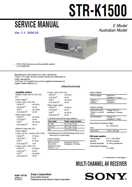 SONY STR-K1500 MULTI CHANNEL AV RECEIVER SERVICE MANUAL INC SCHEM DIAGS 64 PAGES ENG