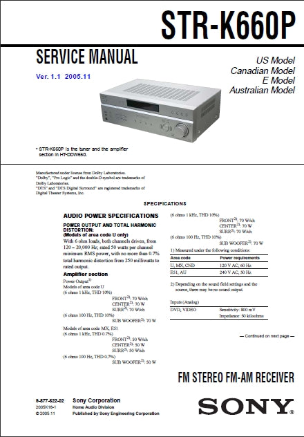 SONY STR-K660P FM STEREO FM AM RECEIVER SERVICE MANUAL INC SCHEMATIC DIAGRAMS 44 PAGES ENG
