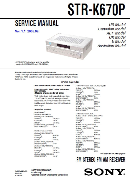 SONY STR-K670P FM STEREO FM AM RECEIVER SERVICE MANUAL INC SCHEMATIC DIAGRAMS 48 PAGES ENG