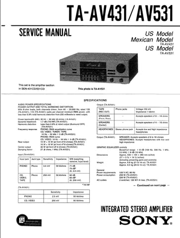 SONY TA-AV431 TA-AV531 INTEGRATED STEREO AMPLIFIER SERVICE MANUAL 29 PAGES ENG