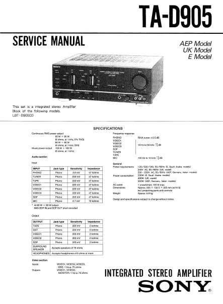 SONY TA-D905 INTEGRATED STEREO AMPLIFIER SERVICE MANUAL 30 PAGES ENG