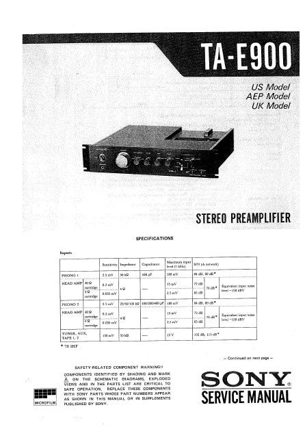 SONY TA-E900 STEREO PREAMPLIFIER SERVICE MANUAL 33 PAGES ENG