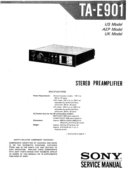 SONY TA-E901 STEREO PREAMPLIFIER SERVICE MANUAL 17 PAGES ENG