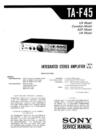 SONY TA-F45 INTEGRATED STEREO AMPLIFIER SERVICE MANUAL 24 PAGES ENG
