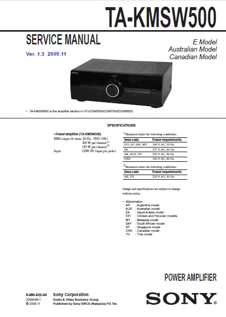 SONY TA-KMSW500 POWER AMPLIFIER SERVICE MANUAL 24 PAGES ENG