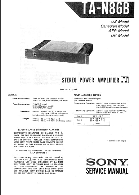 SONY TA-N86B STEREO POWER AMPLIFIER SERVICE MANUAL 20 PAGES ENG