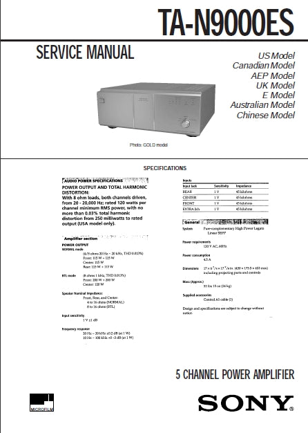 SONY TA-N9000ES 5 CHANNEL POWER AMPLIFIER SERVICE MANUAL 28 PAGES ENG