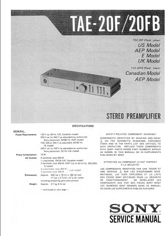 SONY TAE-20F TAE-20FB STEREO PREAMPLIFIER SERVICE MANUAL 12 PAGES ENG