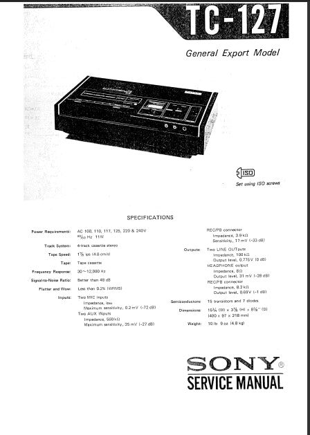 SONY TC-127 STEREO CASSETTE TAPE RECORDER SERVICE MANUAL INC SCHEM DIAGS 32 PAGES ENG