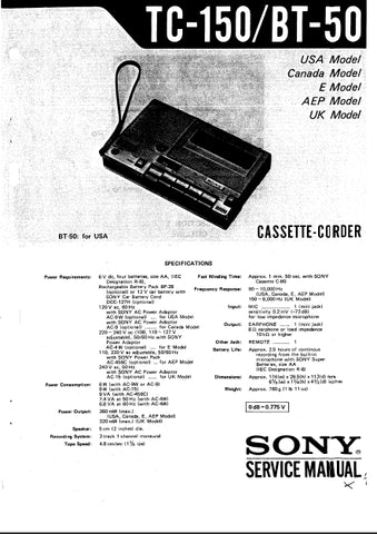 SONY TC-150/BT-50 CASSETTE-CORDER SERVICE MANUAL INC SCHEM DIAGS 26 PAGES ENG