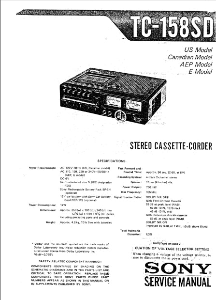 SONY TC-158SD STEREO CASSETTE-CORDER SERVICE MANUAL INC SCHEM DIAGS 31 PAGES ENG