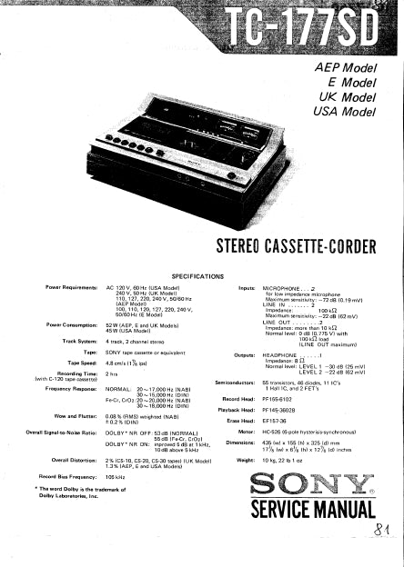 SONY TC-177SD STEREO CASSETTE-CORDER SERVICE MANUAL INC SCHEM DIAGS 58 PAGES ENG
