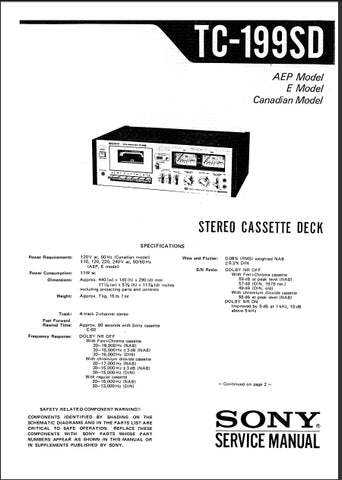SONY TC-199SD STEREO CASSETTE DECK SERVICE MANUAL INC SCHEM DIAGS 25 PAGES ENG