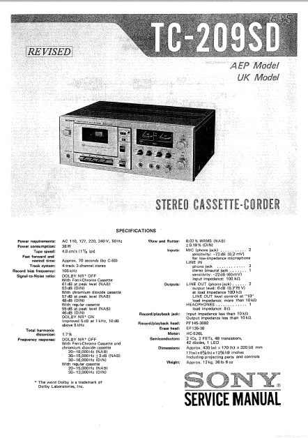 SONY TC-209SD STEREO CASSETTE-CORDER SERVICE MANUAL INC SCHEM DIAGS 30 PAGES ENG