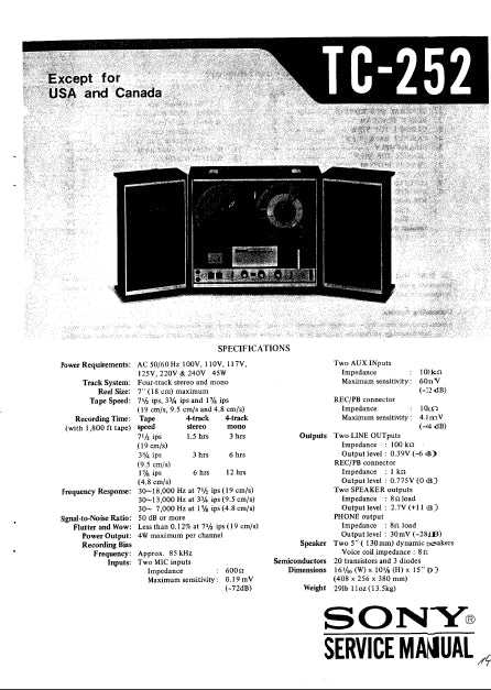 SONY TC-252 4 TRACK STEREO REEL TO REEL TAPE RECORDER SERVICE MANUAL INC SCHEM DIAGS 26 PAGES ENG