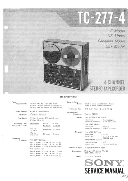 SONY TC-277-4 4 TRACK 4 CHANNEL STEREO REEL TO REEL TAPECORDER SERVICE MANUAL INC SCHEM DIAGS 38 PAGES ENG