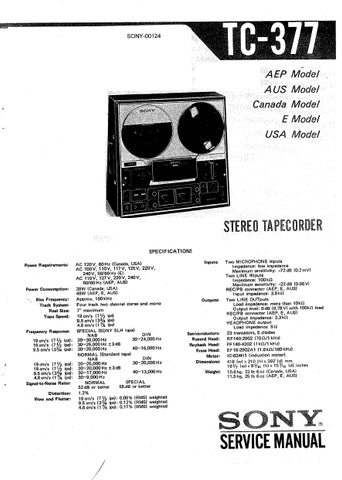 SONY TC-377 4 TRACK STEREO REEL TO REEL TAPECORDER SERVICE MANUAL INC SCHEM DIAGS 38 PAGES ENG