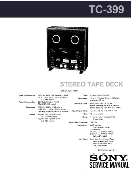 SONY TC-399 STEREO TAPE DECK SERVICE MANUAL INC SCHEM DIAGS 46 PAGES ENG