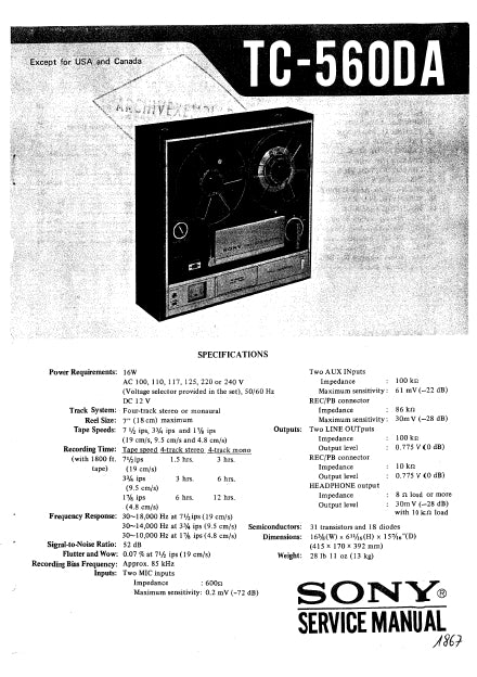 SONY TC-560DA STEREO TAPE DECK SERVICE MANUAL INC SCHEM DIAGS 42 PAGES ENG