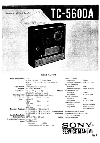 SONY TC-560DA STEREO TAPE DECK SERVICE MANUAL INC SCHEM DIAGS 42 PAGES ENG
