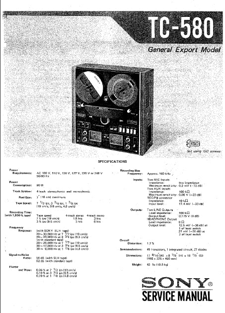 SONY TC-580 4 TRACK STEREO TAPE DECK SERVICE MANUAL INC SCHEM DIAGS 79 PAGES ENG