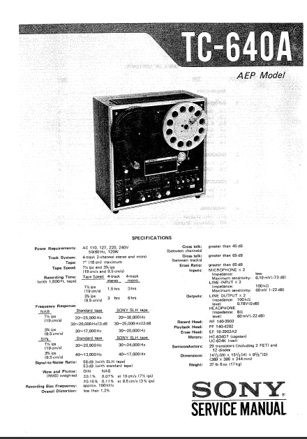 SONY TC-640A 4 TRACK STEREO REEL TO REEL TAPE RECORDER SERVICE MANUAL INC SCHEM DIAGS 64 PAGES ENG