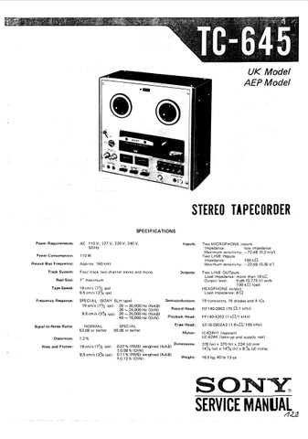 SONY TC-645 4 TRACK STEREO REEL TO REEL TAPECORDER SERVICE MANUAL INC SCHEM DIAGS 30 PAGES ENG