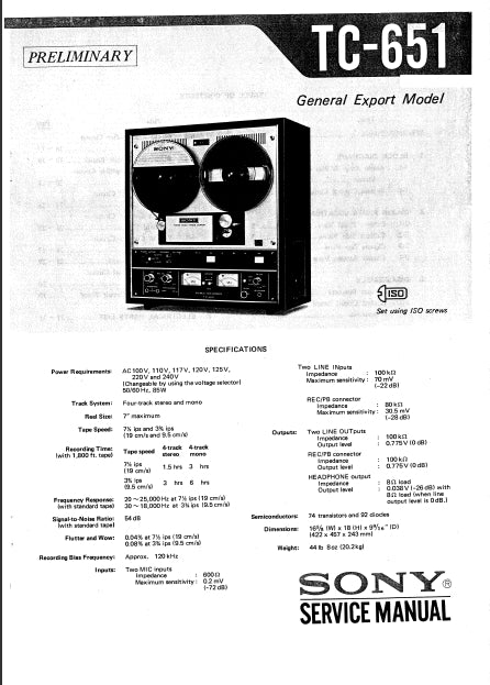 SONY TC-651 4 TRACK STEREO REEL TO REEL TAPECORDER SERVICE MANUAL INC SCHEM DIAGS 53 PAGES ENG