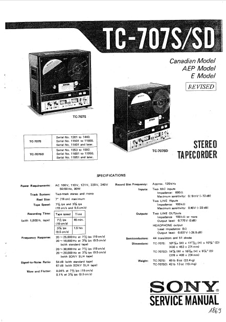 SONY TC-707S TC-707SD 2 TRACK STEREO REEL TO REEL TAPECORDER SERVICE MANUAL INC SCHEM DIAGS 52 PAGES ENGLISH