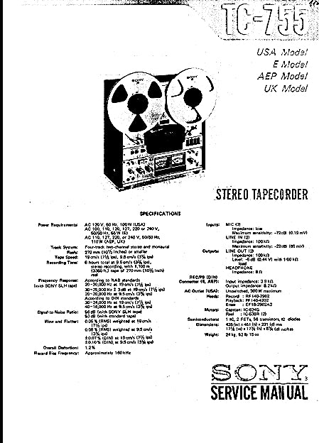 SONY TC-755 4 TRACK STEREO REEL TO REEL TAPECORDER SERVICE MANUAL INC SCHEM DIAGS 97 PAGES ENG