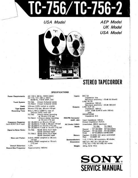 SONY TC-756 TC-756-2 STEREO REEL TO REEL TAPECORDER SERVICE MANUAL INC SCHEM DIAGS 46 PAGES ENG