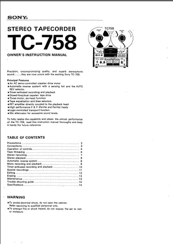 SONY TC-758 4 TRACK STEREO TAPECORDER OWNER'S INSTRUCTION MANUAL 14 PAGES ENG