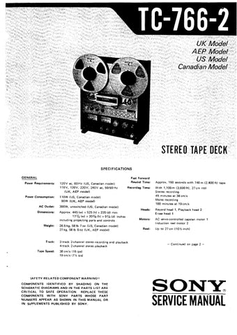 SONY TC-766-2 STEREO TAPE DECK SERVICE MANUAL INC SCHEM DIAGS 66 PAGES ENG