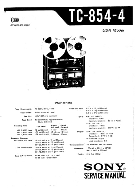 SONY TC-854-4 4 TRACK 4 CHANNEL STEREO REEL TO REEL TAPECORDER SERVICE MANUAL INC SCHEM DIAGS 70 PAGES ENG