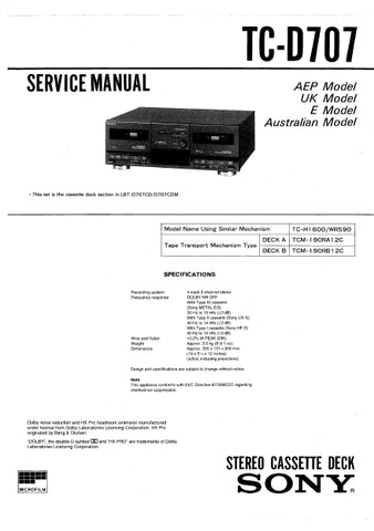 SONY TC-D707 TC-D709 STEREO CASSETTE DECK SERVICE MANUAL INC SCHEM DIAGS 38 PAGES ENG