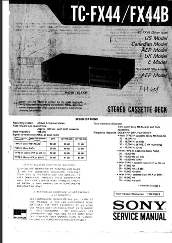 SONY TC-FX44 TC-FX44B STEREO CASSETTE DECK SERVICE MANUAL INC SCHEM DIAGS 47 PAGES ENG